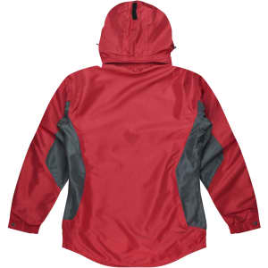 A red and grey jacket with a hood, featuring side panels and elastic cuffs. The back view is prominently displayed.