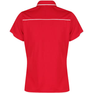 A red polo shirt featuring a white trim, with a classic collar and short sleeves. It includes a logo on the garment.