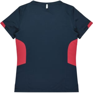 A navy and red women's T-shirt featuring short sleeves and a fitted design. The shirt has a logo on it.