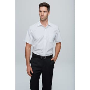 A short sleeve button-up shirt in white with subtle stripes, featuring a single chest pocket and a classic collar.