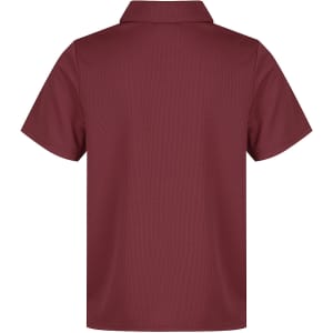 A maroon kids' polo shirt featuring a collar and short sleeves, with a small logo on the back.