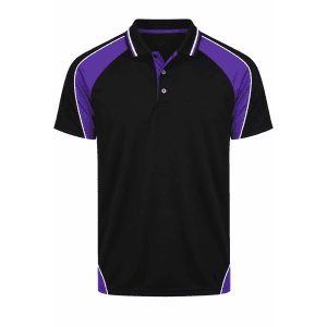 A black polo shirt with purple accents and a collar, featuring short sleeves and a logo.