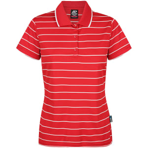 A red polo shirt with white stripes, featuring a collar and a logo tag on the side.