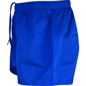 Blue rugby men's shorts with an elastic waistband and drawstring, featuring a logo on the side.