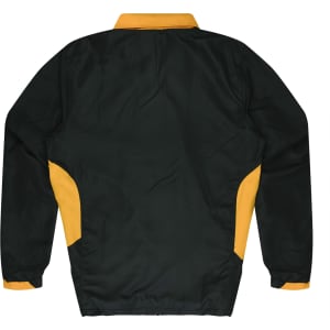 A green and yellow tracktop with a collared neck and long sleeves, featuring side panels in yellow.