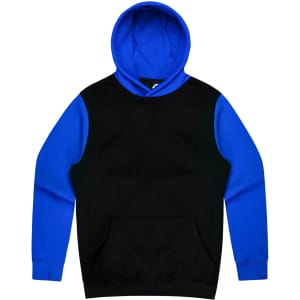 A black hoodie with a blue hood and sleeves, featuring a front pocket and a logo.