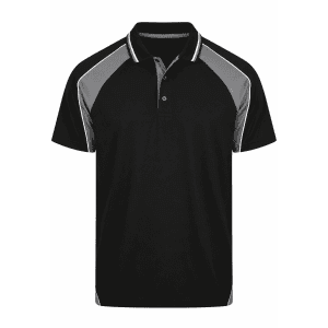 A black polo shirt with grey accents and a logo on the chest. Features a classic collar and button placket.