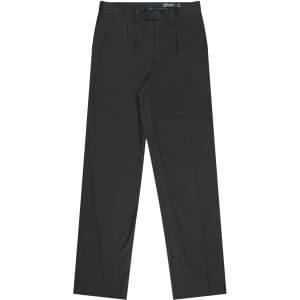 A pair of black pleated men's pants with a logo on the waistband. The pants feature a classic slack design.