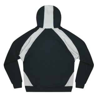 A dark green hoodie with grey contrast panels and a hood. It features a simple design with long sleeves.