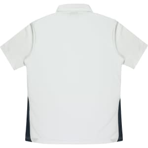 A men's polo shirt in white with dark green side panels and a collar, featuring a logo on the front.