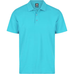 A turquoise polo shirt with a classic collar and three buttons, featuring a logo on the label.