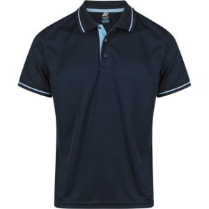 A navy blue polo shirt with light blue accents and a logo on the chest. Short sleeves and a classic collar design.