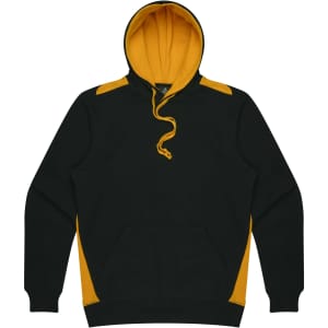 A men's hoodie featuring a dark green body with yellow accents and a front pocket. It has a drawstring hood.