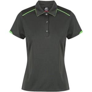 A dark grey polo shirt featuring green accents and a collar, with a logo on the front.