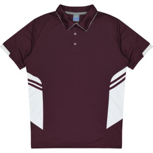 A maroon polo shirt featuring white side panels and a collar, with a small logo on the front.