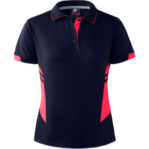 A navy polo shirt for women featuring vibrant pink accents and a branding logo on the collar.