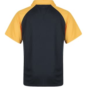 A black and yellow polo shirt featuring a classic collar and short sleeves, with a brand logo present.