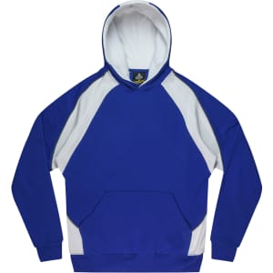 A blue and white children's hoodie with a front pocket and a hood, featuring a logo on the inside.