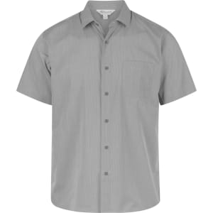 A short-sleeve button-up shirt in a light grey colour with a chest pocket and a logo.