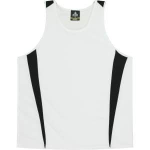 A white singlet featuring black side panels and a logo at the collar. Suitable for kids.