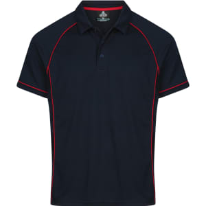 A navy polo shirt featuring red piping and a collar, designed for men. It includes a logo on the chest.