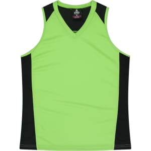 A green and black sleeveless singlet with a v-neck design. It features a logo on the upper back.