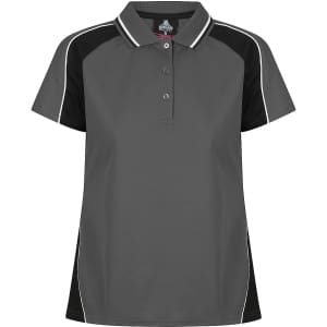 A grey polo shirt with black accents and white detailing, featuring a collar and three buttons.