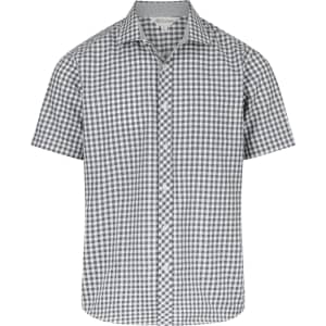A short sleeve button-up shirt with a grey and white checkered pattern, featuring a collar and a logo.