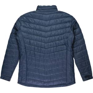 A navy blue jacket with a chevron quilted pattern and a high collar. It has a logo on the sleeve.