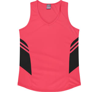 A pink singlet featuring black accents and side stripes, designed for women's wear, with a logo present.