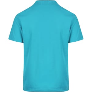 A turquoise polo shirt featuring a classic collar and short sleeves, with a logo on the front.