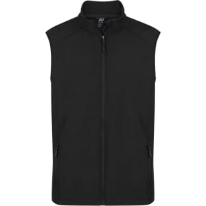A black sleeveless vest with a high collar and zippered pockets, featuring a branding logo.