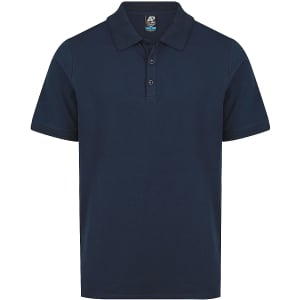 A navy polo shirt with a collar and a three-button placket. It features a logo on the label.