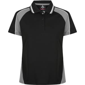 A black polo shirt with grey side panels and a collar, featuring a logo on the chest.