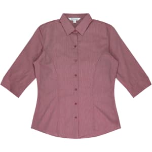 A button-up shirt with 3/4 sleeves in a light red colour, featuring a collar and a logo.