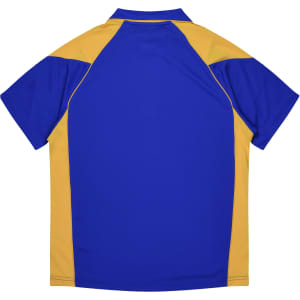 A blue and gold polo shirt featuring a logo on the chest and short sleeves.