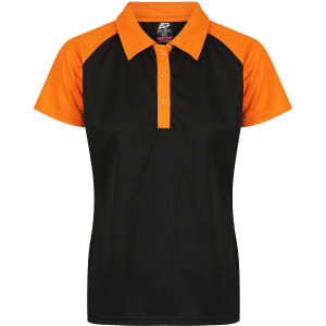 A black polo shirt with orange accents and a logo on the left side. Short sleeves and a classic collar design.