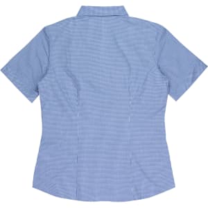 A blue and white checked short sleeve button-up shirt with a collar and branding.