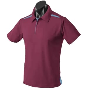 A maroon polo shirt featuring blue accents, displayed on a mannequin without any logos.