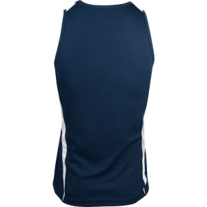 A navy blue men's singlet with white side stripes and a plain back design. It features a logo on the fabric.