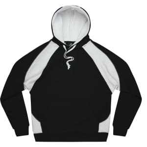 A black and white hooded sweatshirt with a front pouch pocket and drawstring. It features a logo on the design.