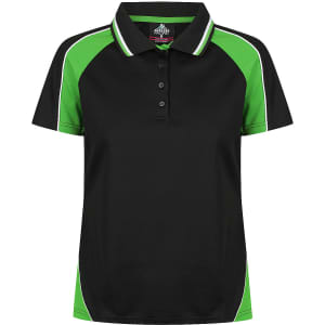 A black polo shirt with green accents and a contrasting collar, featuring a branded logo.
