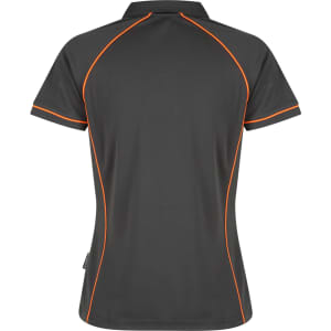 A dark grey polo shirt featuring orange accent stitching and a logo. Designed with a classic collar and short sleeves.