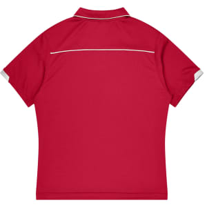 A red children's polo shirt with short sleeves and a contrasting collar, featuring a logo on the back.
