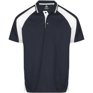 A navy blue polo shirt with white accents and a logo on the chest. Features a classic collar and short sleeves.