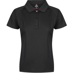 A black polo shirt with a collar and three buttons, featuring a logo on the front.