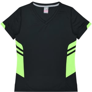 A black T-shirt with bright green accents and stripes, featuring a V-neck design and a logo.