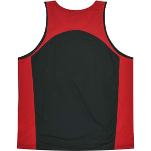 A red and black sleeveless singlet featuring a rounded back design and contrasting panels. It has a branded logo.