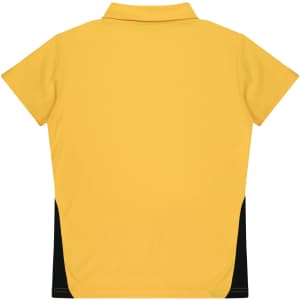 A yellow polo shirt with black side panels and a collar, featuring a logo on the design.