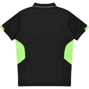 A black polo shirt with bright green accents on the sides and back. It features a collar and a logo.